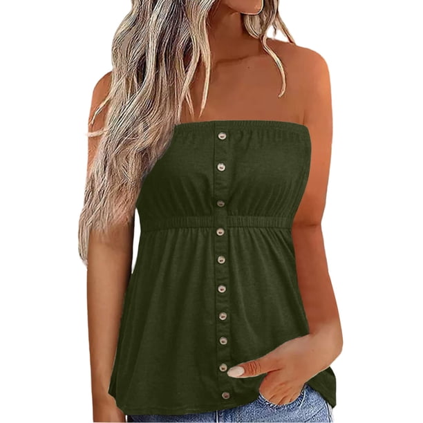 Gibobby Top cruzado informal de verano para mujer, decoración de botones de Color sólido, Top cruzado de Color sólido(Verdemilitary,CH)