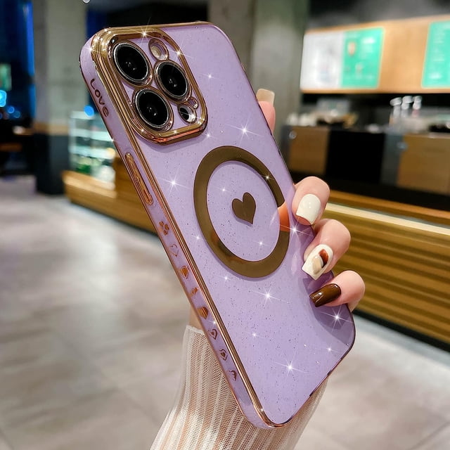 Funda magnética con purpurina para iPhone 14 Pro Max de 6.7 pulgadas, con diseño de corazón de lujo, compatible con MagSafe para mujeres y niñas, carcasa trasera a prueba de golpes, color morado claro