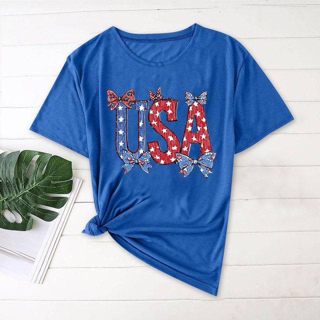 Simua T-Shirts Décontractés d'Été pour Femmes Motif USA Col Rond Classique Manches Courtes Coupe Ample