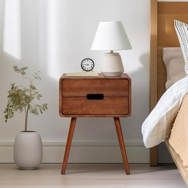 Karl home Mid Century Modern Nightstand for Bedroom, Scandinavian Night Stand with 4 Solid Wood Legs, 2 Drawer Dresser Side Table, Bedside Table, Coffee Table, Brown