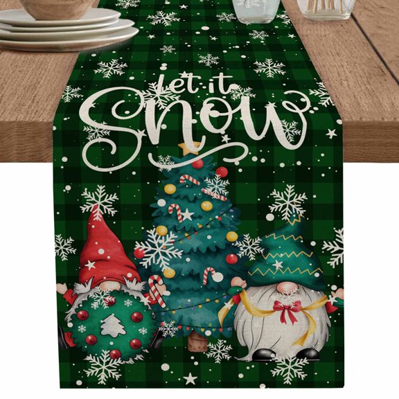 nqOlkjepod Christmas Tree Table Runner 90 Inches Long Farmhouse Dress Scarves, Green Gnomes Winter Xmas Snowflake Dining Tablerunner for Coffee Table/Kitchen Island/Party Décor, 13" x 90"