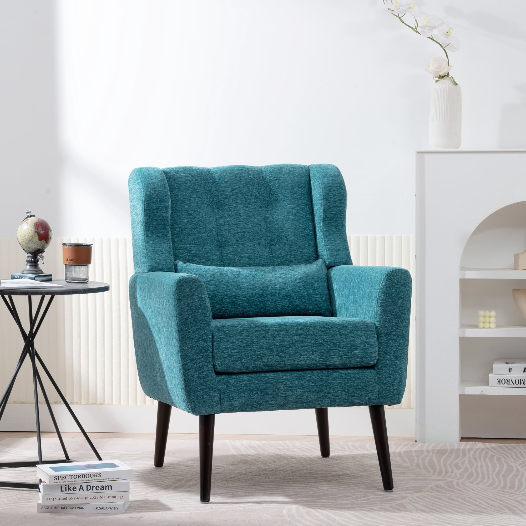 Leumius Modern Accent Chair with Solid Wood Leg, Chenille Armchair with Pillow, Comfy Soft Padded Lounge Chair for Small Space, Bedroom, Living Room Teal