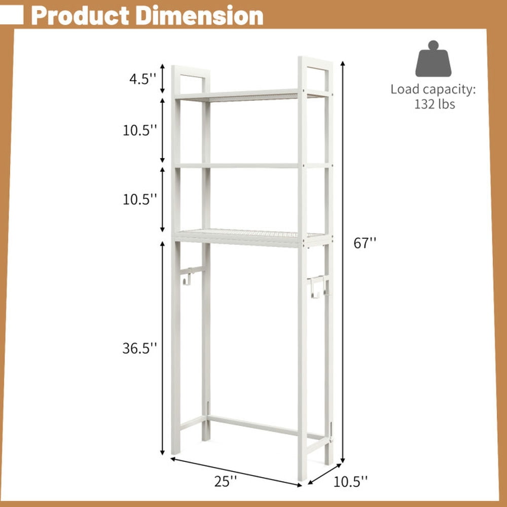 Finihen Toilet Storage Rack, Toilet Storage Shelf, Over-The-Toilet Storage Shelf Space Saving Metal Bathroom Organizer Hooks, for Bathroom, White