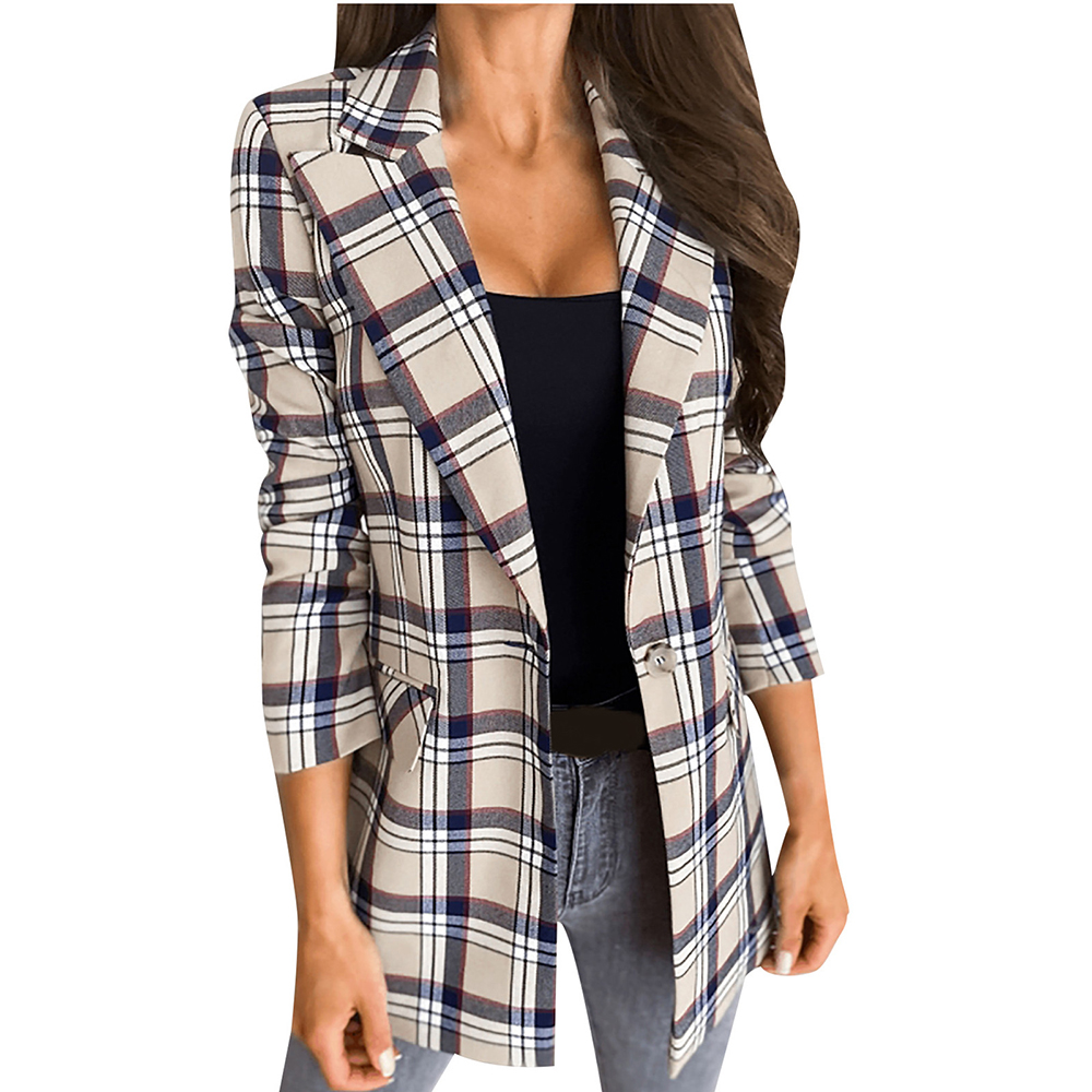 Cyber Monday Sale Hesxuno Women's Lapel Collar Coat Long Sleeve Plaid Blazer Outerwear Plaid Single Button Plaid Printing Suit, Size: Small, Beige