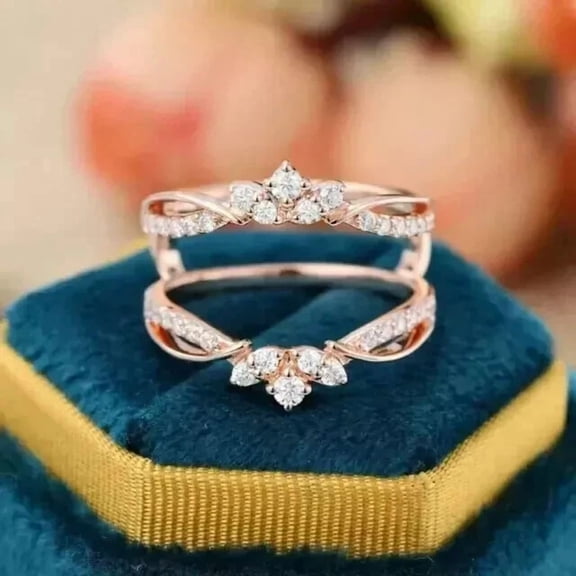 1CT Round Cut Simulated Diamond Women's Enhancer Wrap Guard Wedding Ring 14k Rose Gold Plated Silver