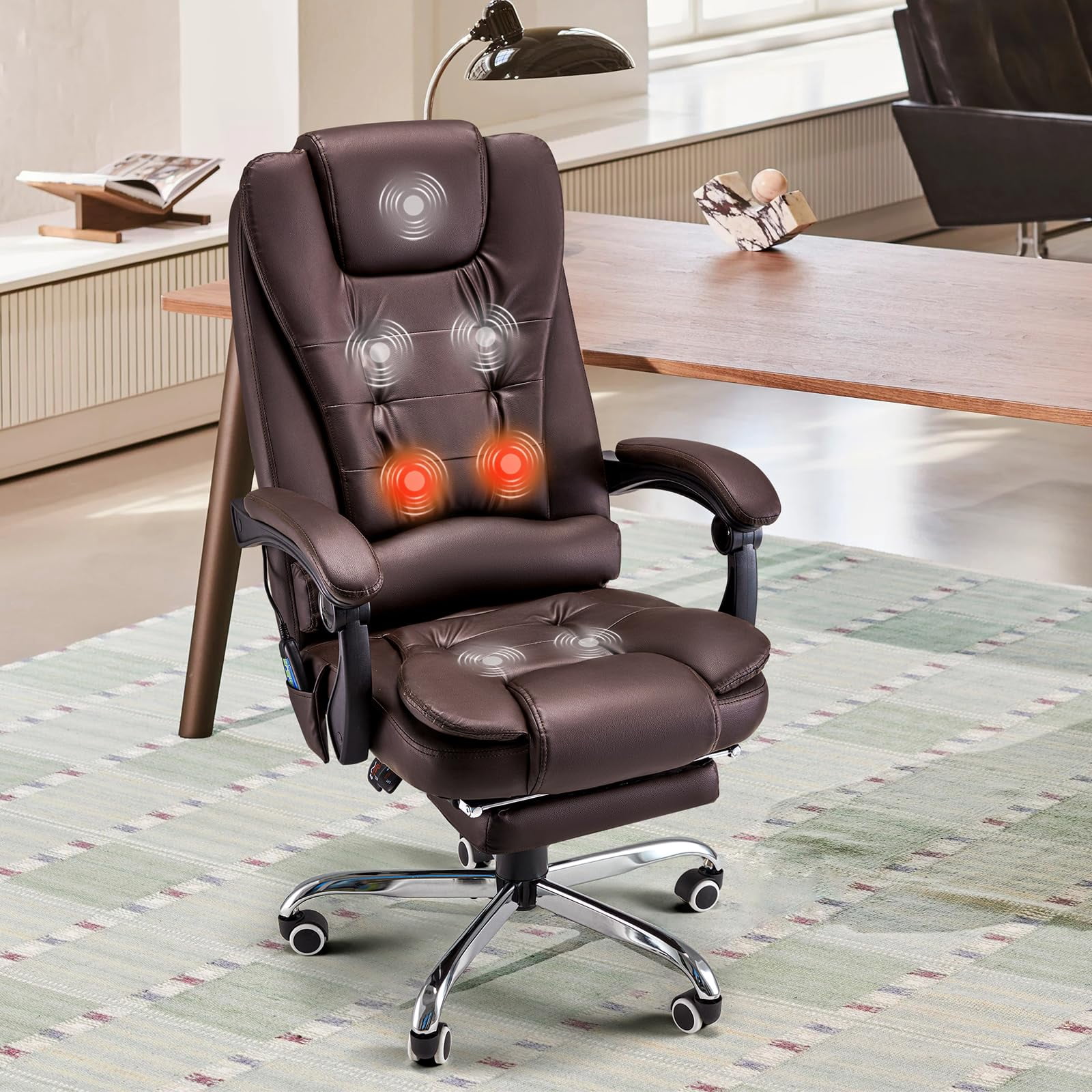 YODOLLA 7 Points Massage Office Chair with Heat Ergonomic Reclining Computer Chair High Back Desk Chair w/Retractable Footrest Ergonomic Leather Office Chair，Brown