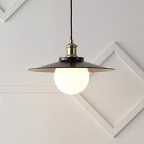 JONATHAN Y Hadley 14.5" 1-Light Scandinavian Farmhouse Iron/Frosted Glass LED Pendant, Oil Rubbed Bronze/Brass Gold
