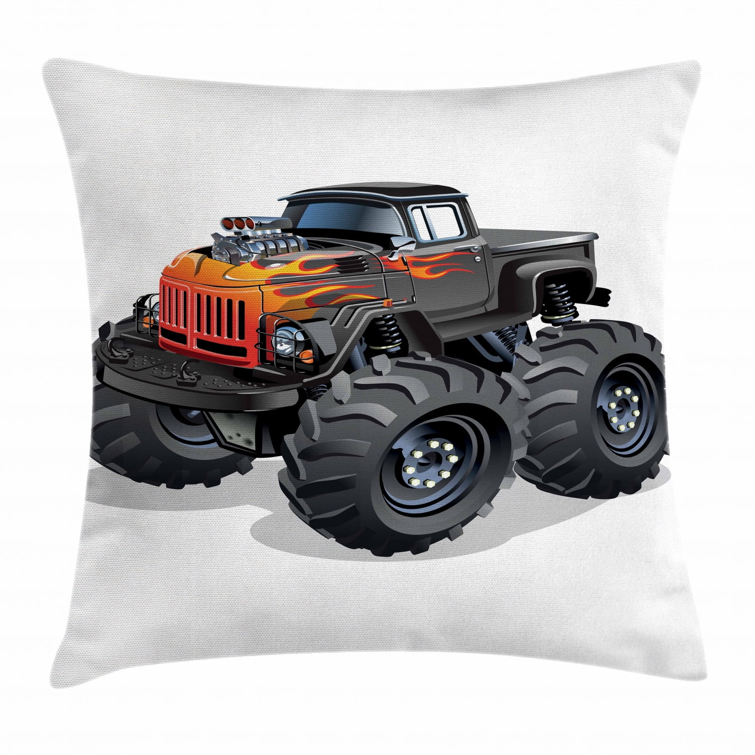 Monster Truck Throw Pillow Cushion Cover, Cartoon Truck Enormous Wheels