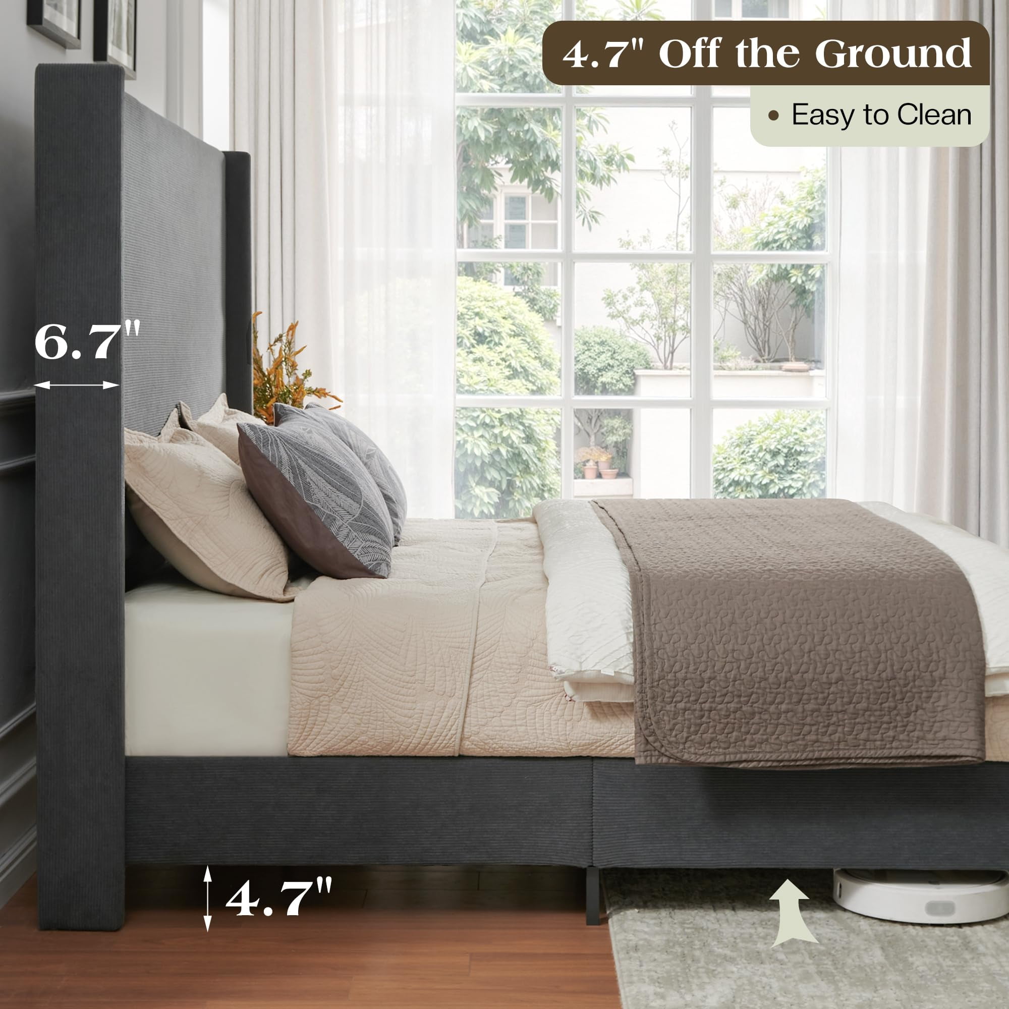 VanAcc King Bed Frame with 65" Tall Headboard, Horizontal Fine Corduroy Bed Frame with Upholstered Wingback, Vintage Solid Wood Gourd Legs, Black