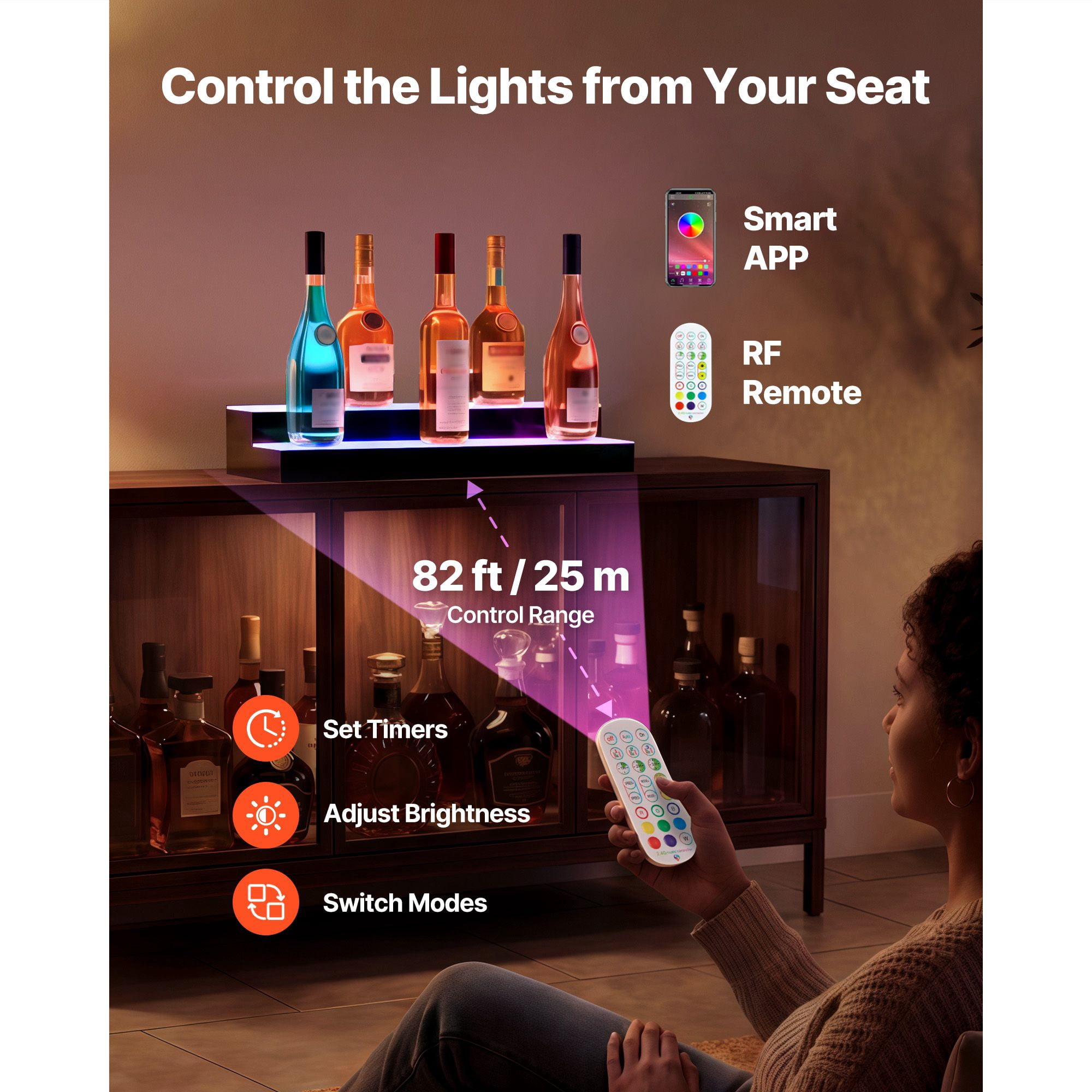 24 Inch LED Lighted Liquor Bottle Display, 2-Tier Acrylic Rack, Holds 12-16 Bottles, App & RF Remote Control, 9 Static Colors, Music Sync, for Home Bars & Commercial Displays