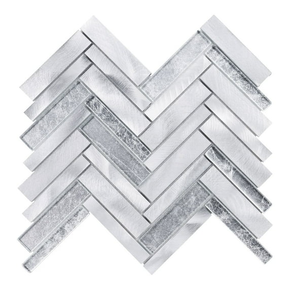 Modket TDH526AL Gray Aluminum Metallic Metal Silver Glass Herringbone Mosaic Tile Backsplash