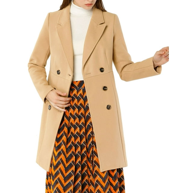 Abrigo largo de invierno de doble botonadura con solapa de muesca para mujer INSPIRE CHIC L color caqui
