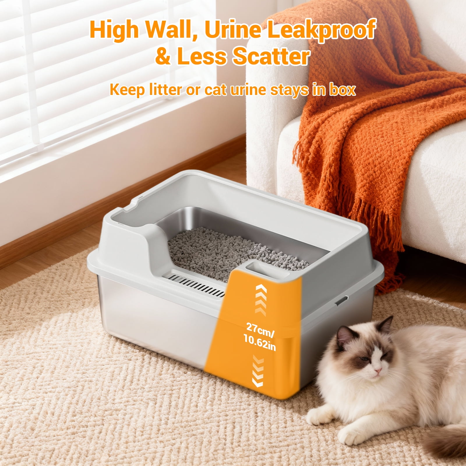 Stainless Steel Litter Box,Enclosed Cat Litter Box with Lid, High‑Sided Anti‑Urine Leakage Design for Large Cats & Multi‑Cat Households, Includes Scoop & Scoop Holder, Easy to Clean