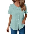 thumbnail image 4 of Craaazy Women Casual Tops Loose Fit Solid Color Ruffle Collar Button Front Short Sleeve Cotton Tops for Vacation Gift, 4 of 6