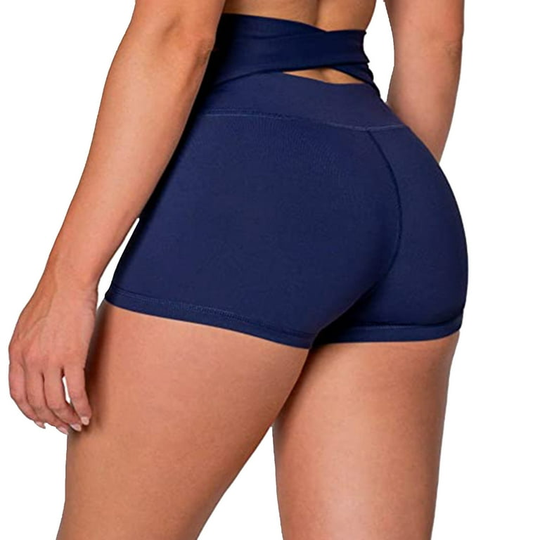 Workout Shorts Women Back Waist Strap Tight Fitness Solid Color Stretch  Booty Shorts Blue M