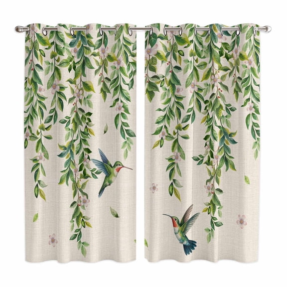 Spring Botanical Kitchen Curtains Window Panels, Watercolor Leaves Flowers Birds Beige Insulated Window Treatment Curtain, Grommet Curtains for Bedroom/Living Room/Bathroom, 2 Piece 52"Wx84"L