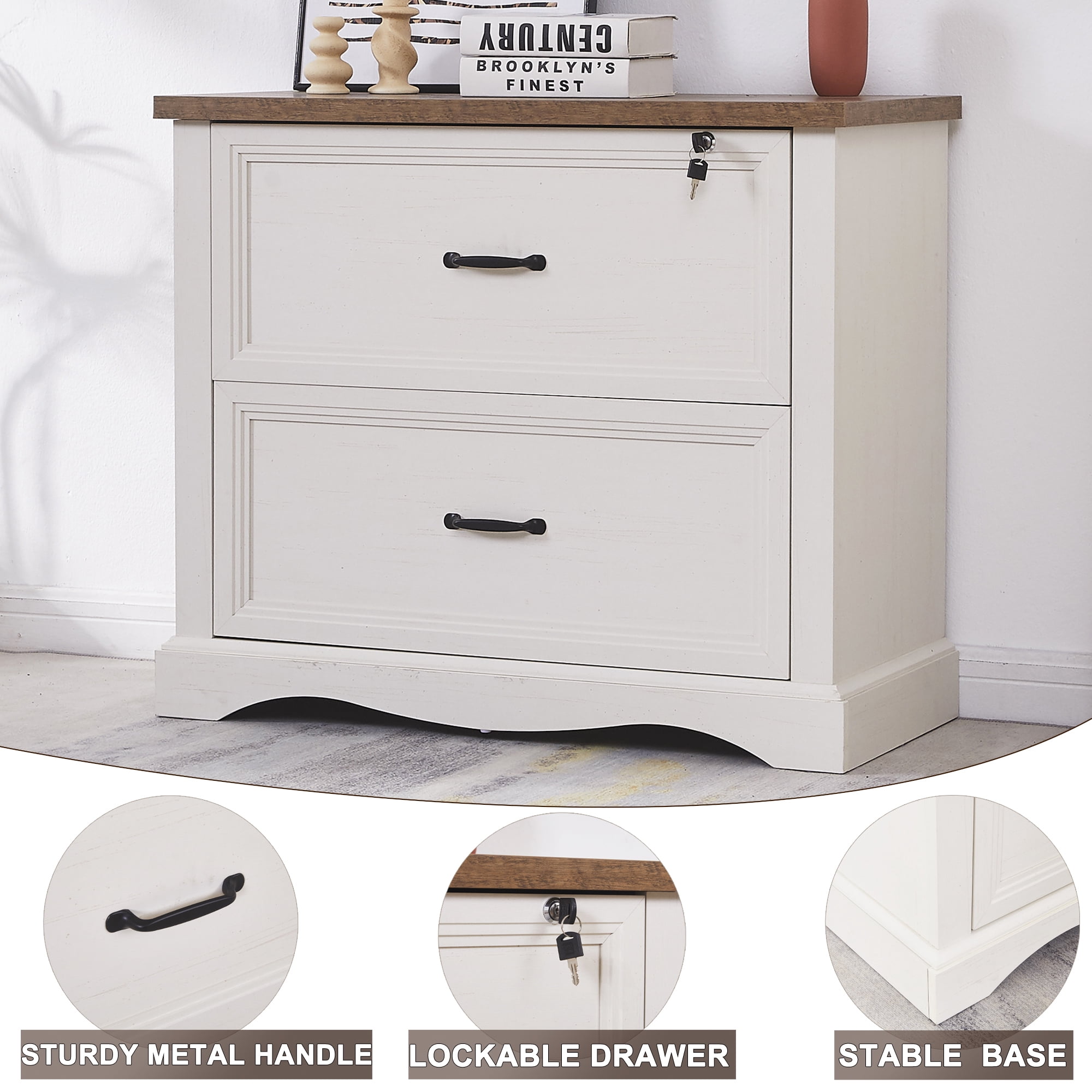 Haooyeah 31.5" Farmhouse Filing Cabinet with Locking Drawer, 2 Drawer File Organizer with Adjustable Rails for A4/Letter/Legal, Large Office Storage, Antique White