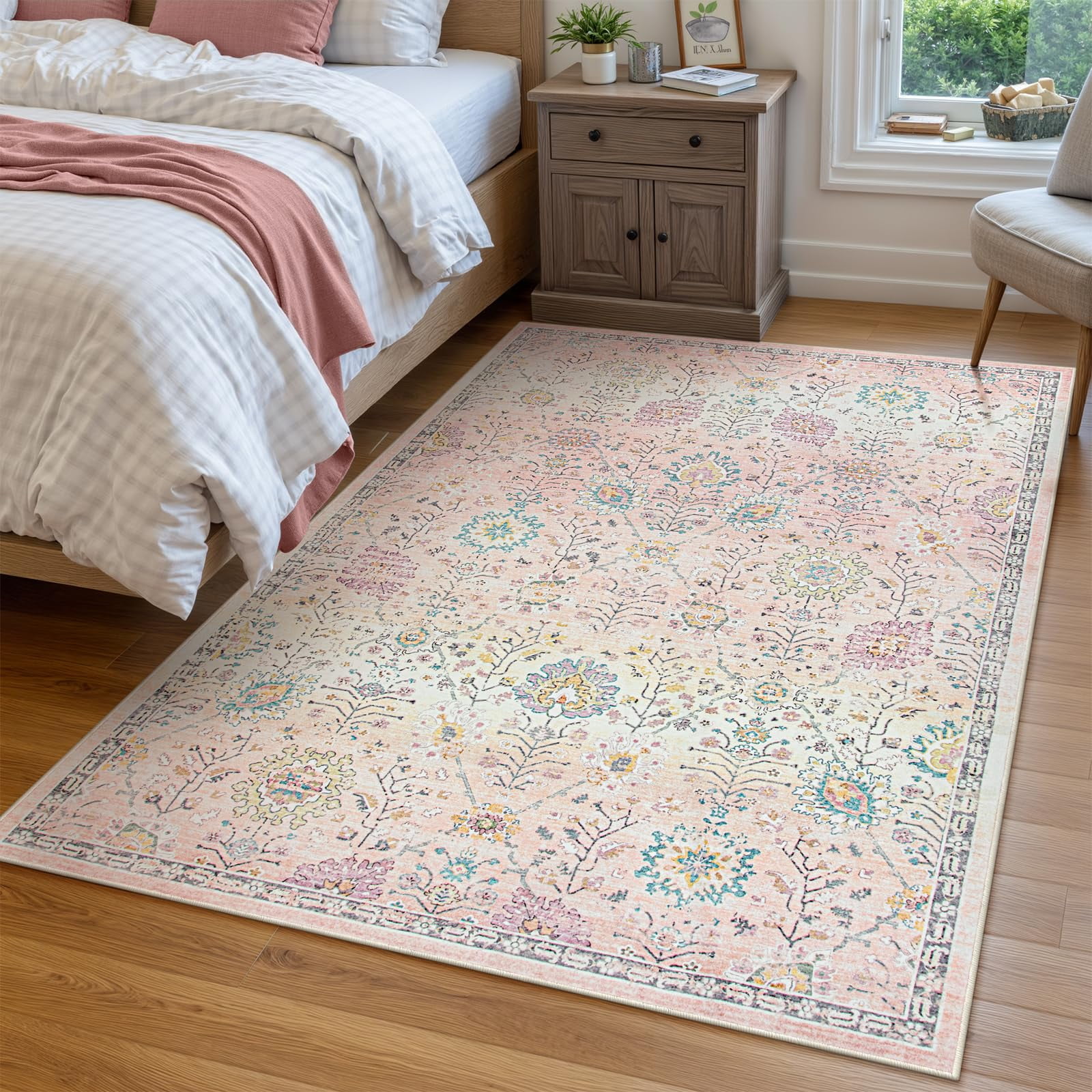 Wonnitar 5'x7' Pink Boho Area Rug,5x7ft Rugs for Bedroom Girls Nursery Area Rugs Soft Floral Playroom Rug, Machine Washable Pastel Rug Non Slip Floor Carpet for Large Living Room Bedroom Carpet