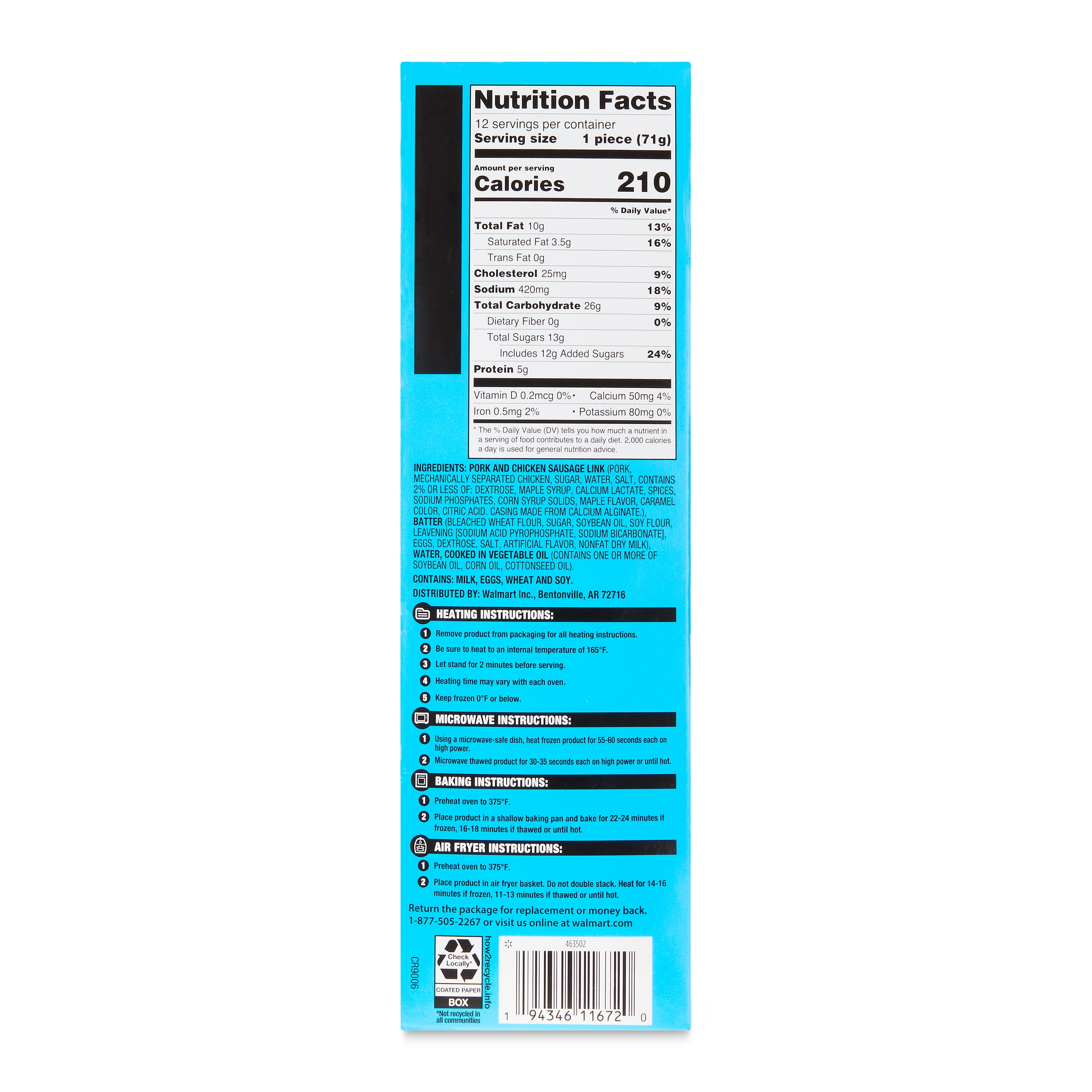 Great Value Pancake & Sausage on a Stick, 30 oz, 12 Count (Frozen). Allergens Wheat, Milk, Eggs, Soy