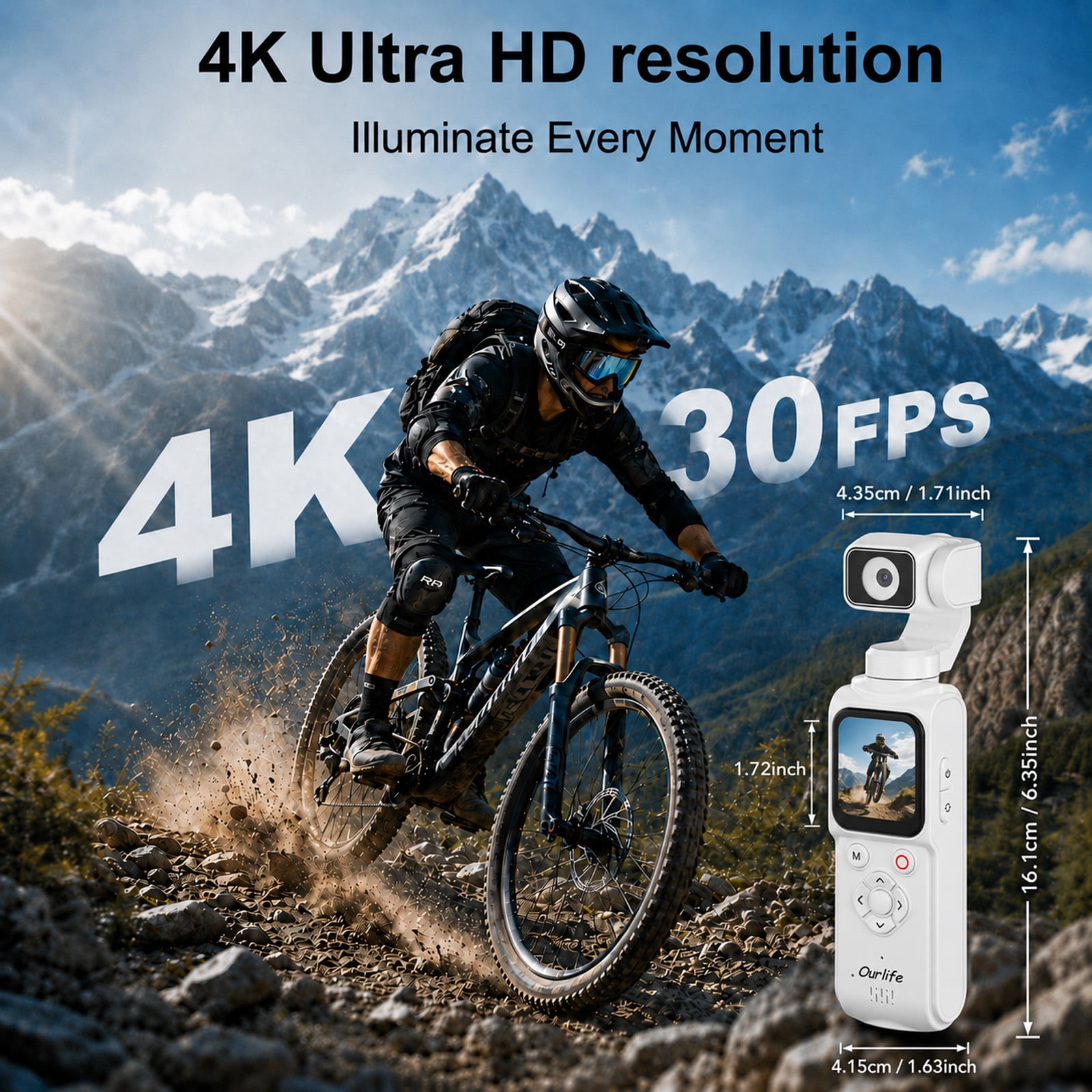 Ourlife White 4K Digital Camera, Pocket Gimbal with 330° Rotation, 1.72" Touch Screen, Face Tracking, 2400mAh Battery, 64GB Card, Compact Camera for Vlogging