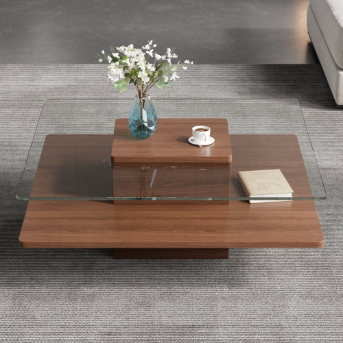 31.5" Square Coffee Table with Clear Tempered Glass Top and Storage Shelf, Walnut