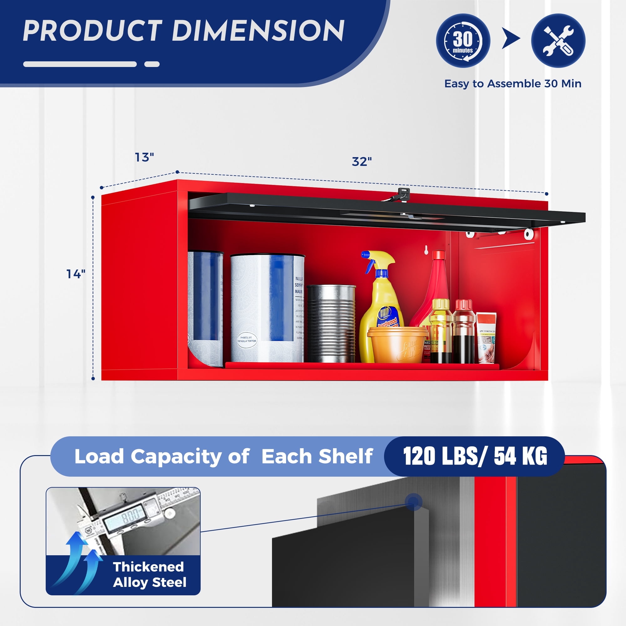 AUHUP Steel Wall Cabinet, Metal Wall Mounted Storage Cabinet Organizer for Garage, Office, Kitchen, Red Black, 32"W x 14"H x 13"D