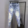 thumbnail image 4 of Pantalones vaqueros ajustados con estampado gráfico para hombre, estilo hip hop, para motocicleta, de corte acampanado, rectos, de alta calidad, tallas XS, 4 of 5