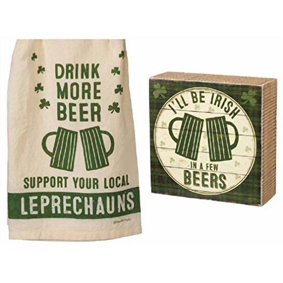 2 Piece St. Patrick's Day Kitchen Decor Bundle - Drink More Beer - Support Your Local Leprechauns Towel and I'll Be Irish in A Few Beers Box Sign