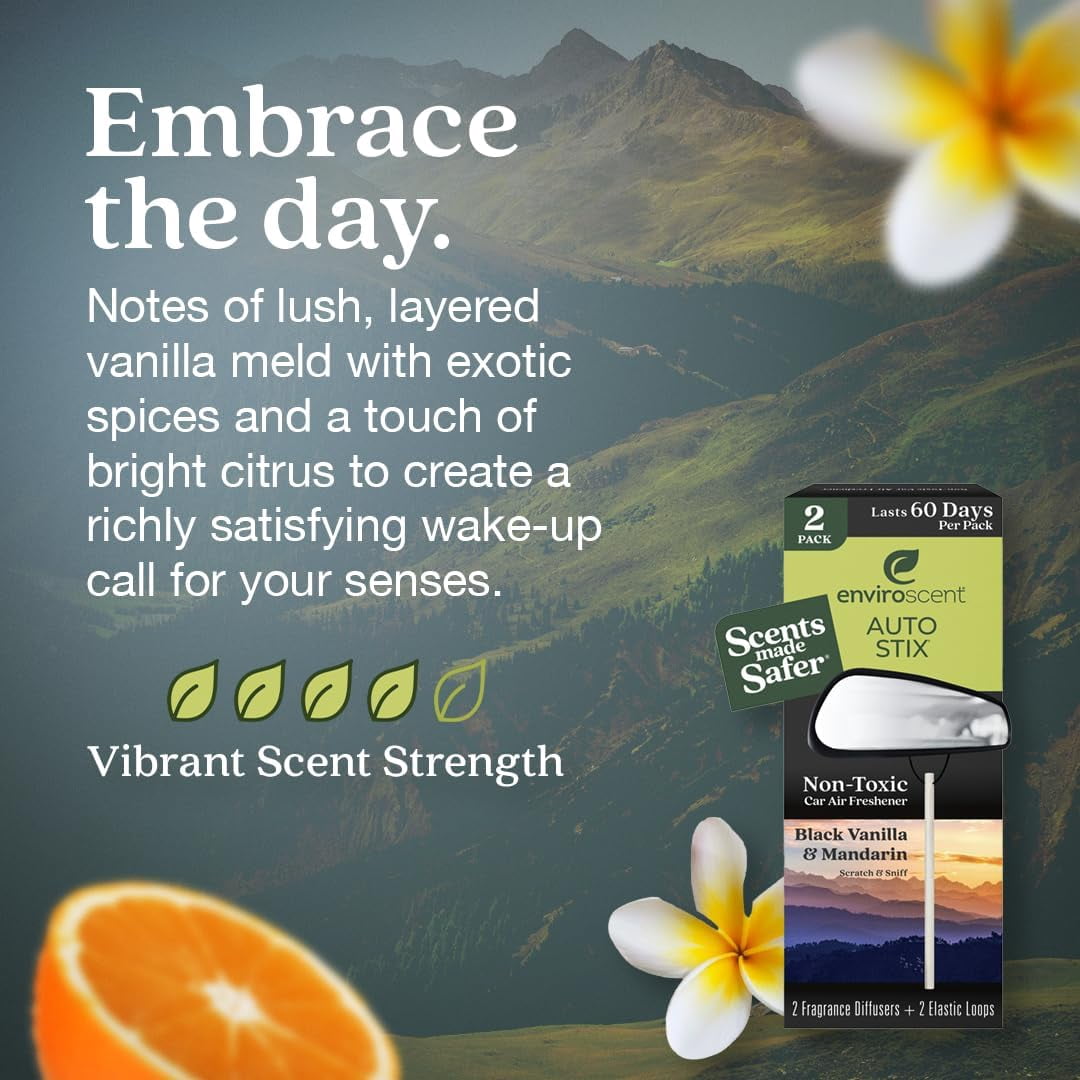 Non-Toxic Car Air Freshener (Black Vanilla & Mandarin) Natural Car Air Freshener | Essential Oil Diffuser | Car Scent Lasting Over 180 Days | 3 Packs of 2 Hanging Auto Stix
