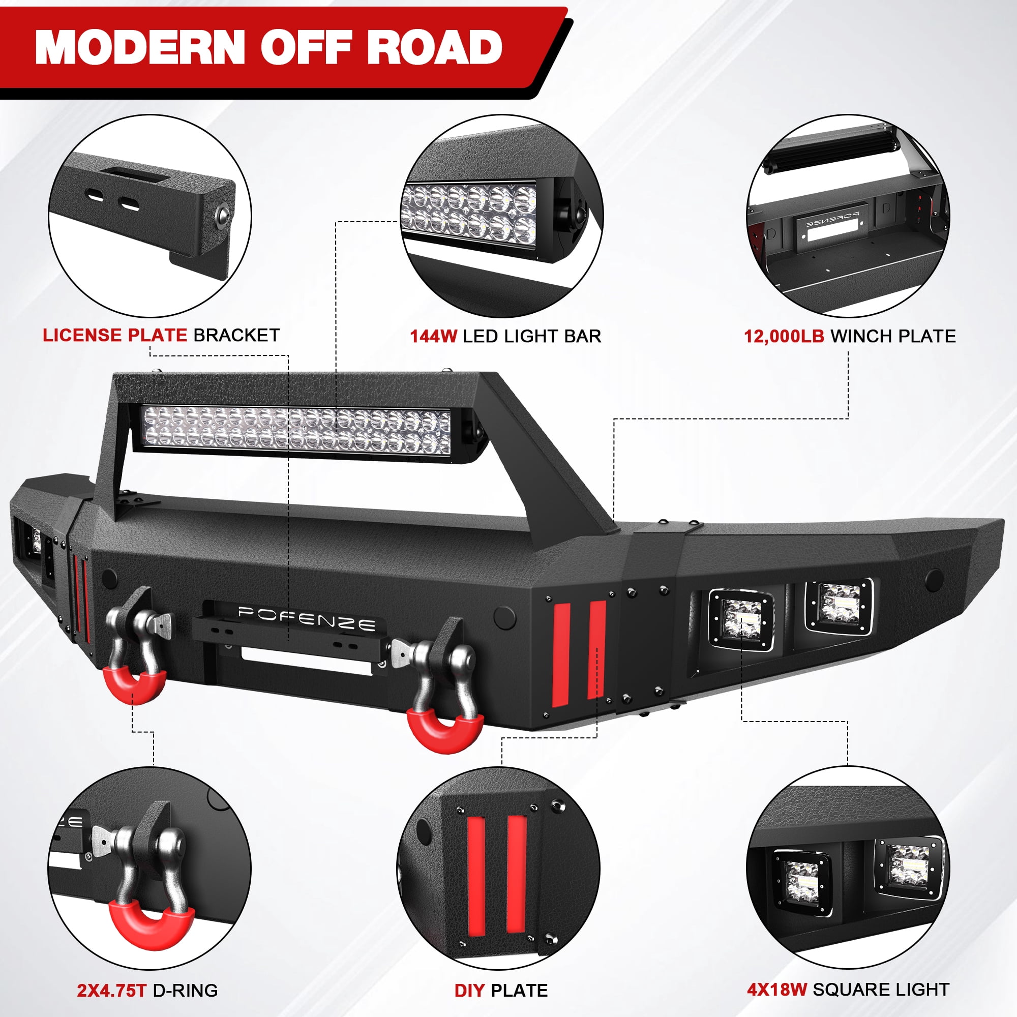 POFENZE Front Bumper for 2007-2014 1st Gen Toyota FJ Cruiser Rock Crawler Bumper Equipped with Winch Plate Lights License Plate Bracket