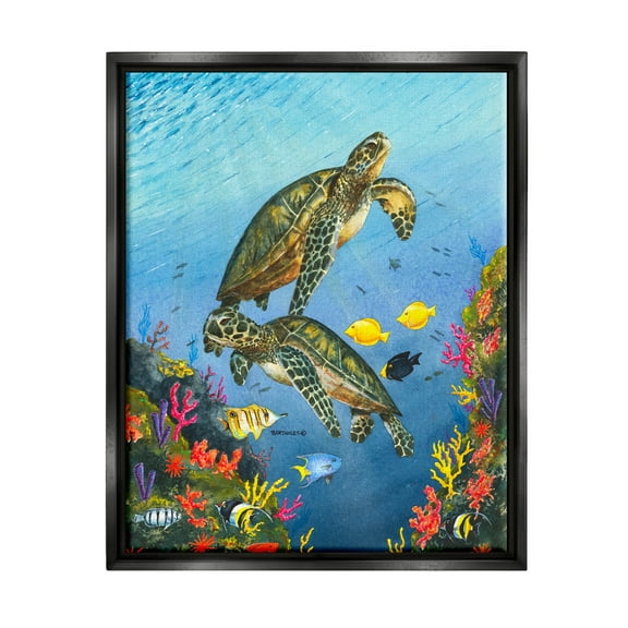 Sea Turtles Swimming Underwater Reef Animals & Insects Graphic Art Jet Black Framed Art Print Wall Art
