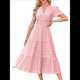 thumbnail image 2 of Vestido Bohemio Informal de Verano para Mujer, Ligero, de Corta, Cuello en V, Cintura Elástica y Bolsillos. Rosa XL, 2 of 8