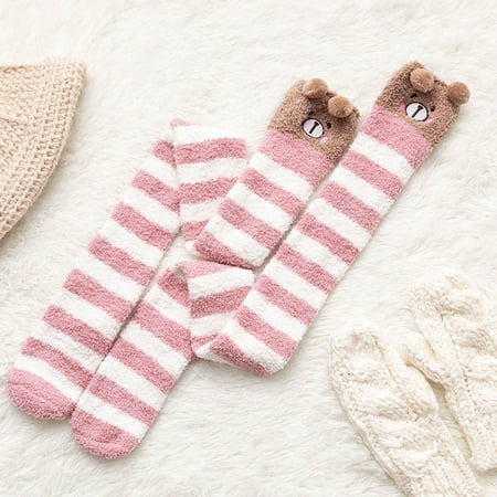 

MRULIC fall clothes for women 2022 Womwn Coral Fleece Socks Over The Knee Thicken Warm Sleeping Towel Striped Socks Coffee + One size