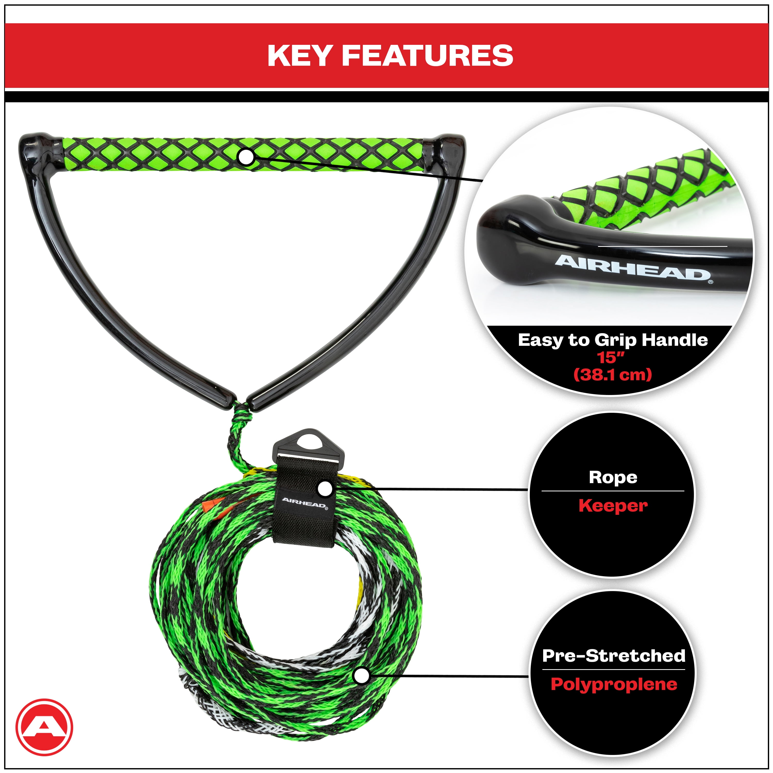 Airhead Watersports 65 Ft 3 Section Waterski Rope, Green