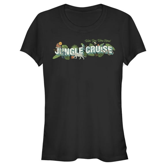 Junior's Jungle Cruise Wish You Were Here Postcard Logo Graphic Tee Black Small