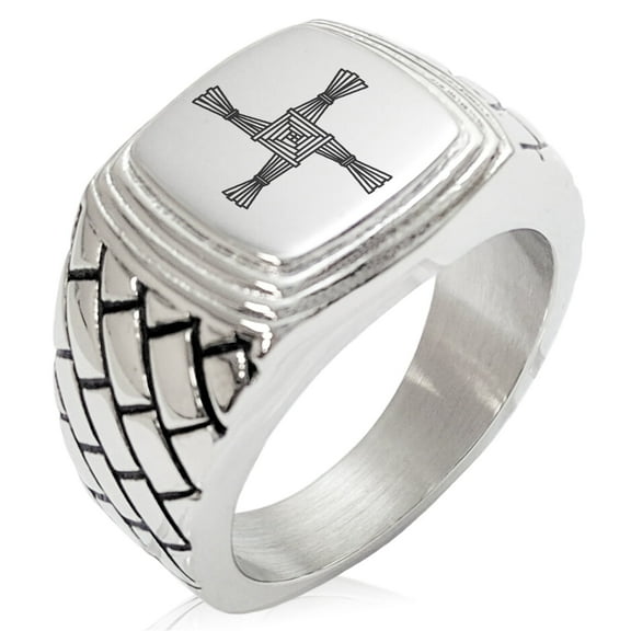 Tioneer Stainless Steel Celtic Saint Brigid Cross Geometric Pattern Step-Down Biker Style Polished Ring