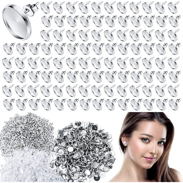 1000 Pieces Stud Earring Kit Include 300 12 mm Stud Earrings Blanks  Cabochon Bezel Settings, 350 Rubber Post Earring Backs and 350 Stainless  Steel