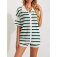 thumbnail image 4 of FOCUSNORM Women Pajamas Set 2 Pieces Loungewear Suits Stripe Contrast Color Button Crochet Knit Tops and Shorts Lounge Sets, 4 of 9
