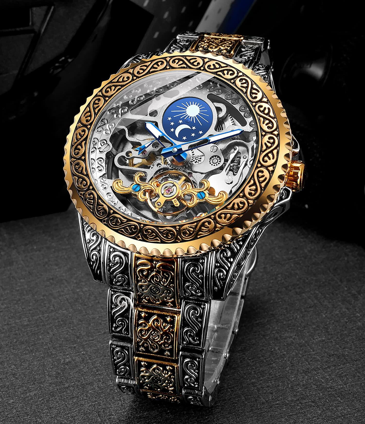 Watch for Men Carved Self-Wind Mechanical Tattoo Tourbillon Moon Phase Independent Seconds Skeleton Automatic Big Dial Wrist Watches