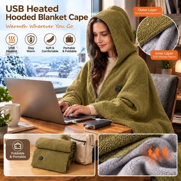 Cordless Heated Blanket with Hood, USB Electric Wearable Heating Poncho, Office Home Car Travel, Portable Heated Blanket Shawl Green