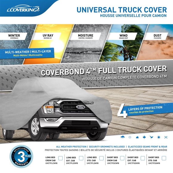 Coverking Car Cover UVCTFLCN98 Coverbond 4; For Full Size Trucks With Crew Cab Long Bed; All Weather Protection; Gray; Polypropylene; Without Antenna Pocket; Without Mirror Pockets; Lockable