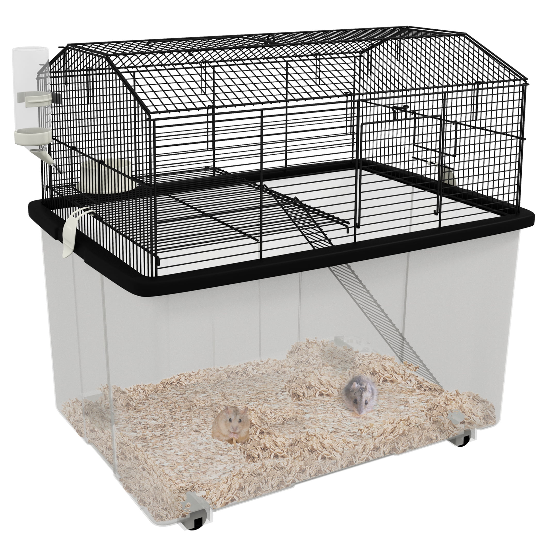 22" Hamster Cage 2-Tier Small Animal Habitat, Black - with Ramp, Water Bottle & Food Dish