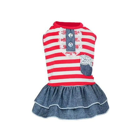 - Pet Dog Color Strip Denim Skirt Lace Pattern Pocket Design Dress