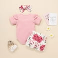 thumbnail image 6 of Baby Girl Outfits Solid Ribbed Romper Floral Bow Shorts Headbands Girls Summer Clothes Shorts Set Pink 0-6 Months, 6 of 9