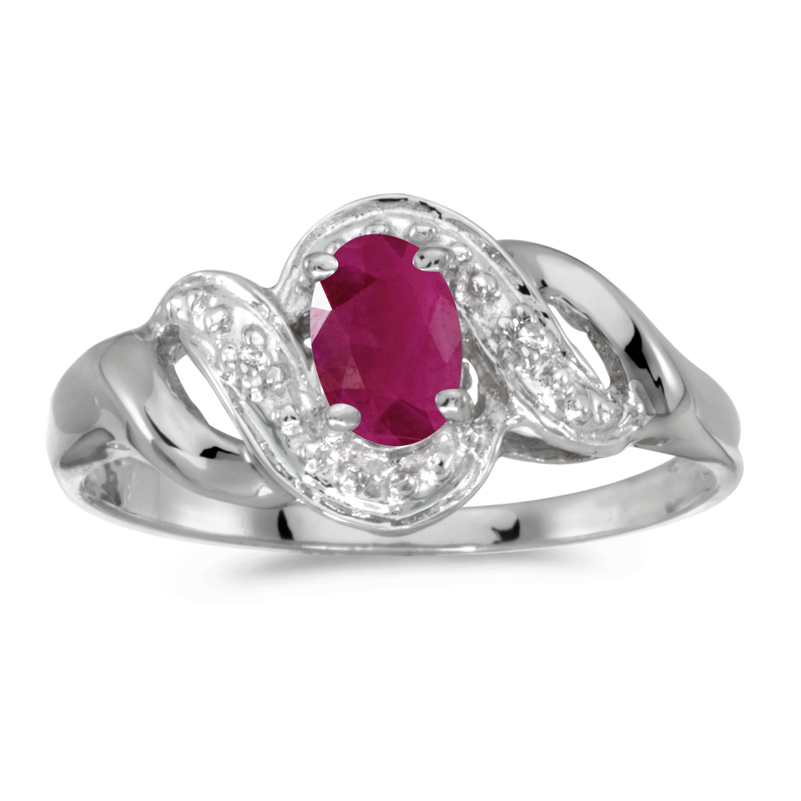 10k White Gold Oval Ruby And Diamond Swirl Ring by