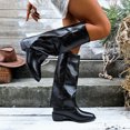 thumbnail image 5 of Hinvhai Women's Fold Over Knee High Boots Chunky Heel Wide Calf Boot Pull-on Riding Boot Black 7.5(40), 5 of 9
