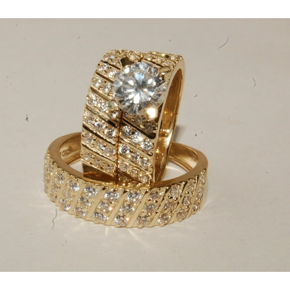 Bluebell Jewels 14K Yellow Gold Finish Silver Wedding Bridal His/Her Trio Ring Set CZ