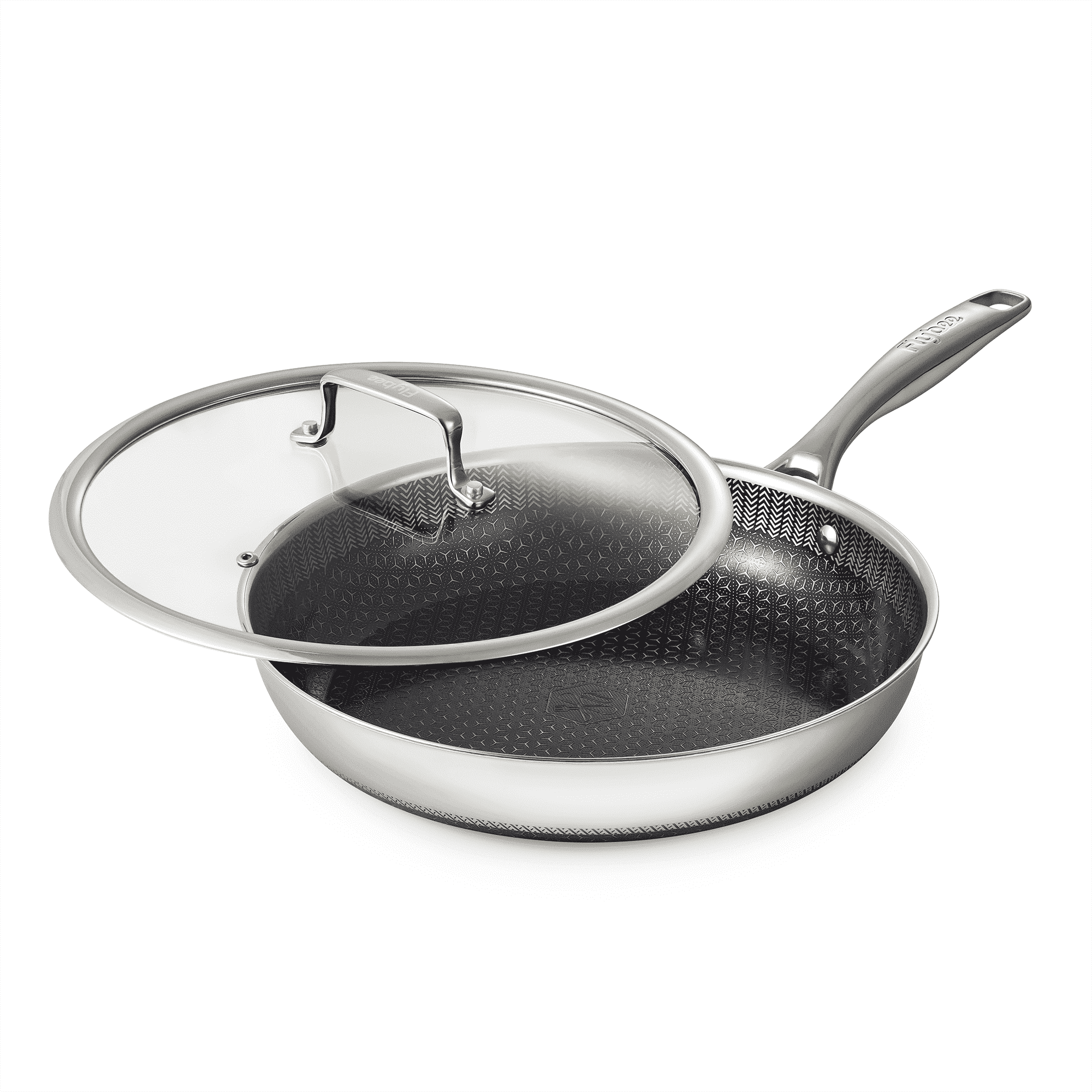 Flybee 12 inch Hybrid Ceramic Nonstick Frying Pan with Lid, 3-Ply Clad Stainless Steel Skillet, Induction Compatible, Dishwasher and Oven Safe