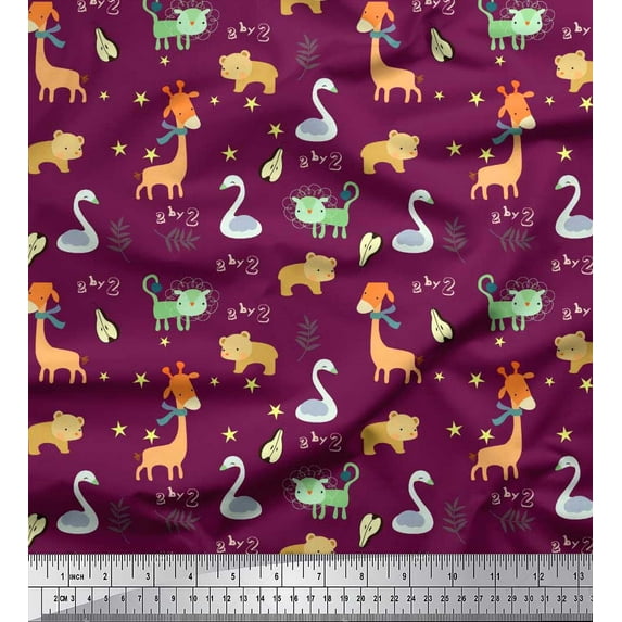 Soimoi Pink Cotton Jersey Fabric Leaves,Star & Cute Animals Kids Decor Fabric Printed Yard 58 Inch Wide