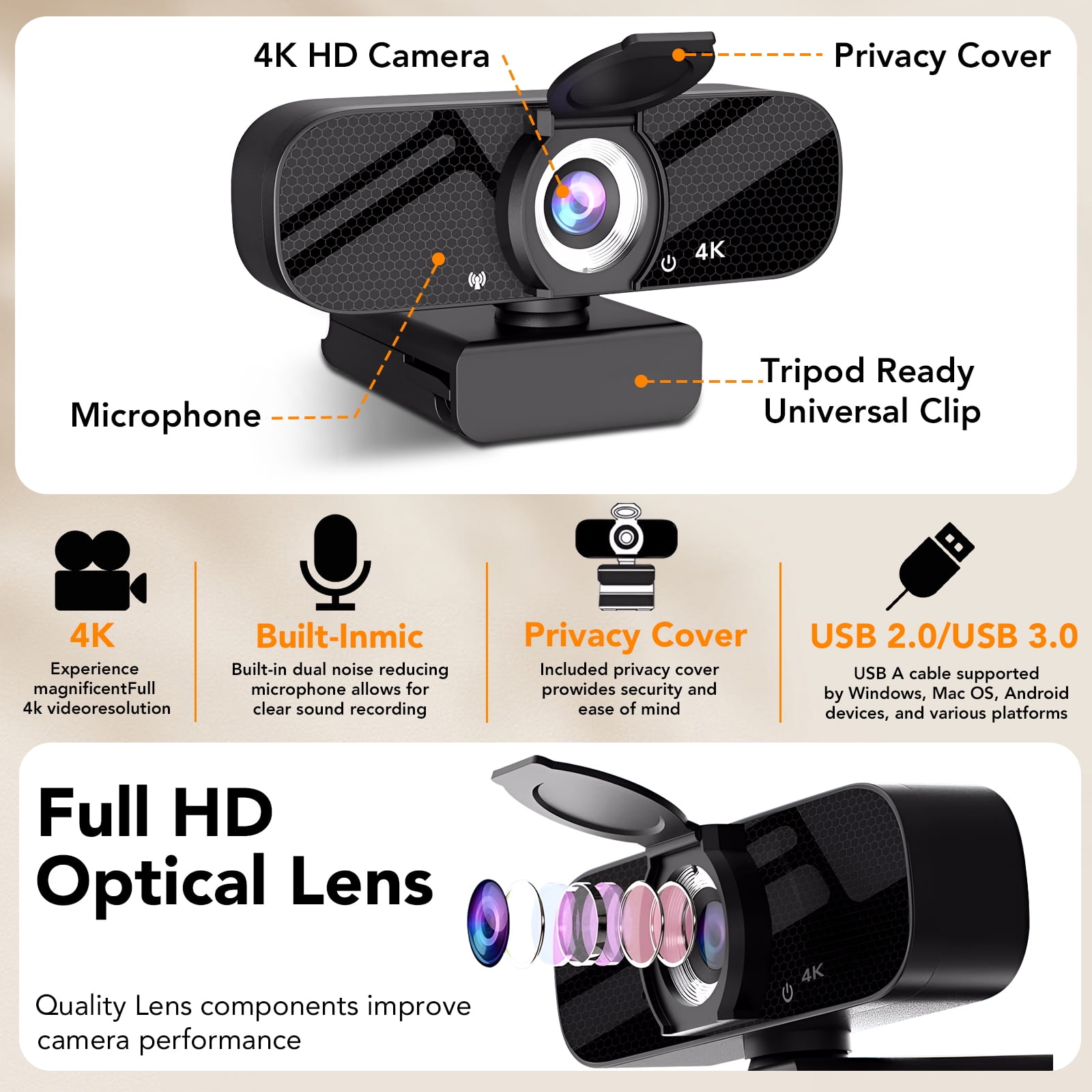 4K Webcam for PC, Ultra HD 4K Collaboration and Streaming Webcam, PDAF Autofocus, Noise-Cancelling Mics, 105° FOV, Auto Light Correction, USB-A, Privacy Cover, Conferencing and Video Calling